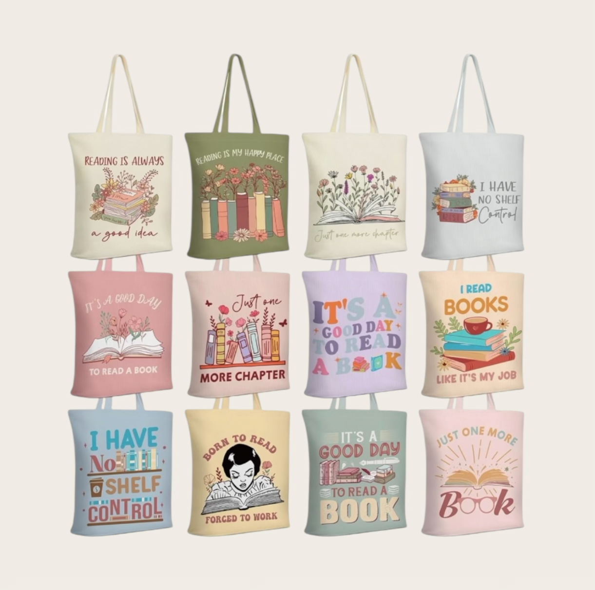 Book theme canvas tote bags